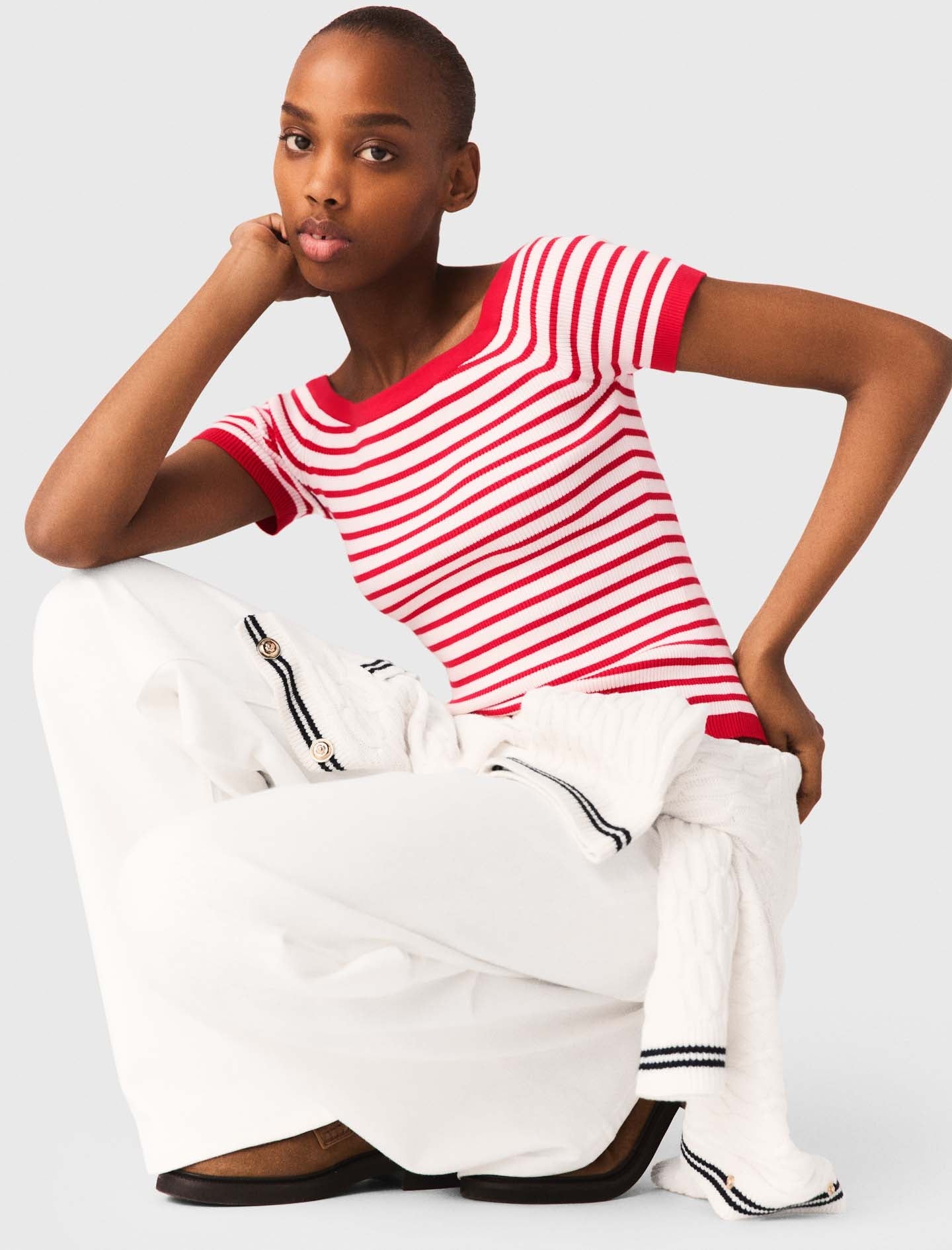 Striped Knit Top With Boat Neck RED