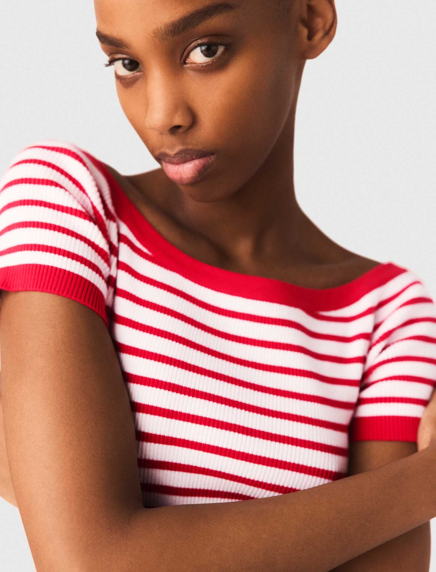 Striped Knit Top With Boat Neck RED