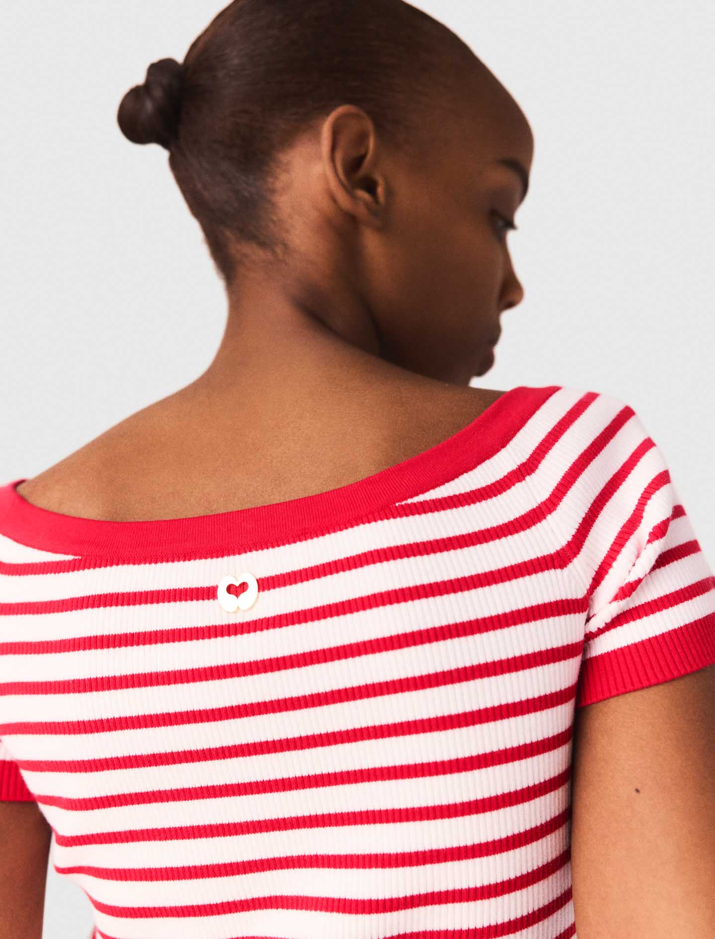 Striped Knit Top With Boat Neck RED