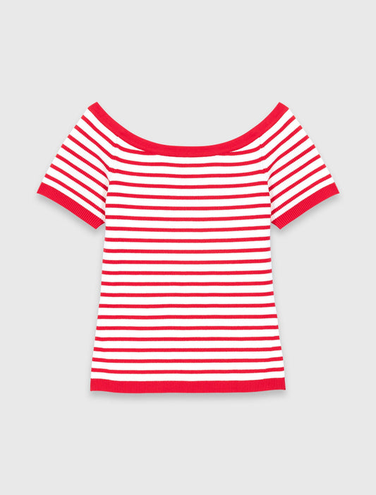 Striped Knit Top With Boat Neck RED