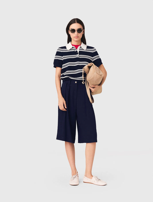 Striped Polo With Rhinestone Collar Ecru/Navy Blue