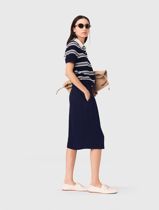 Striped Polo With Rhinestone Collar Ecru/Navy Blue