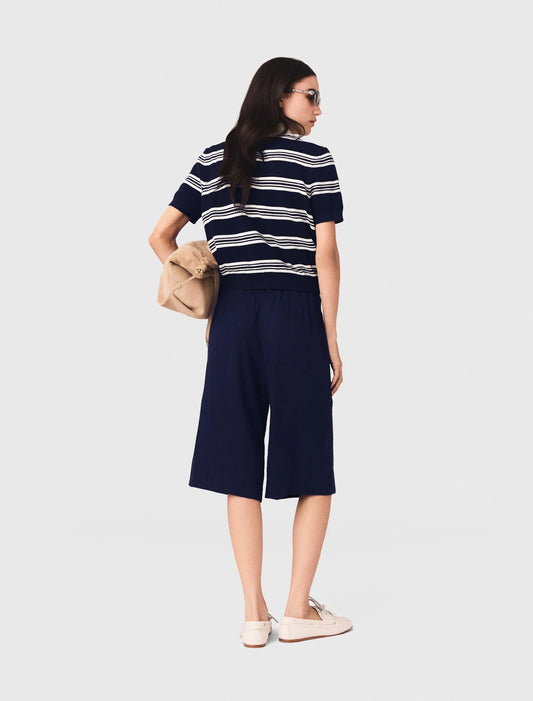 Striped Polo With Rhinestone Collar Ecru/Navy Blue