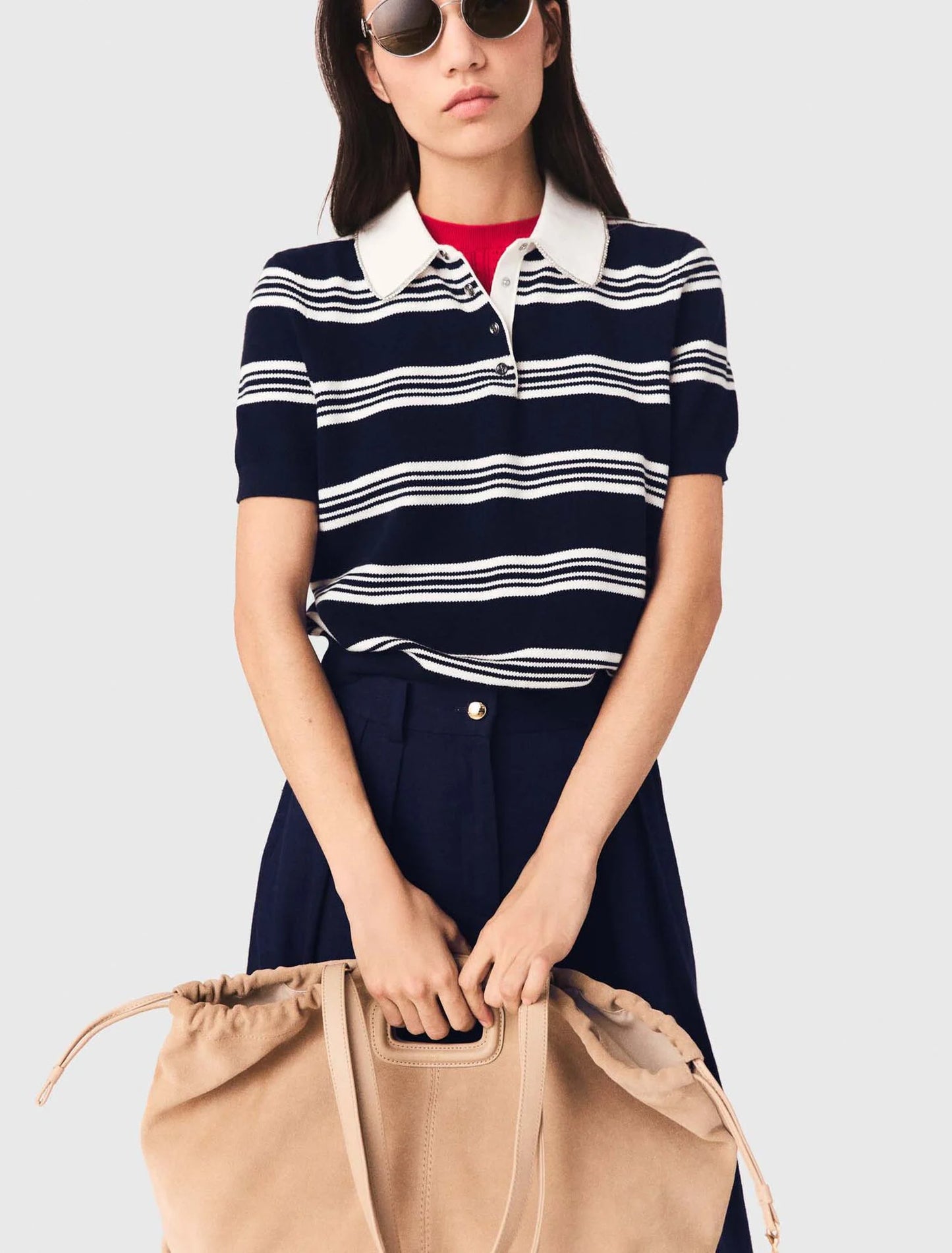 Striped Polo With Rhinestone Collar Ecru/Navy Blue