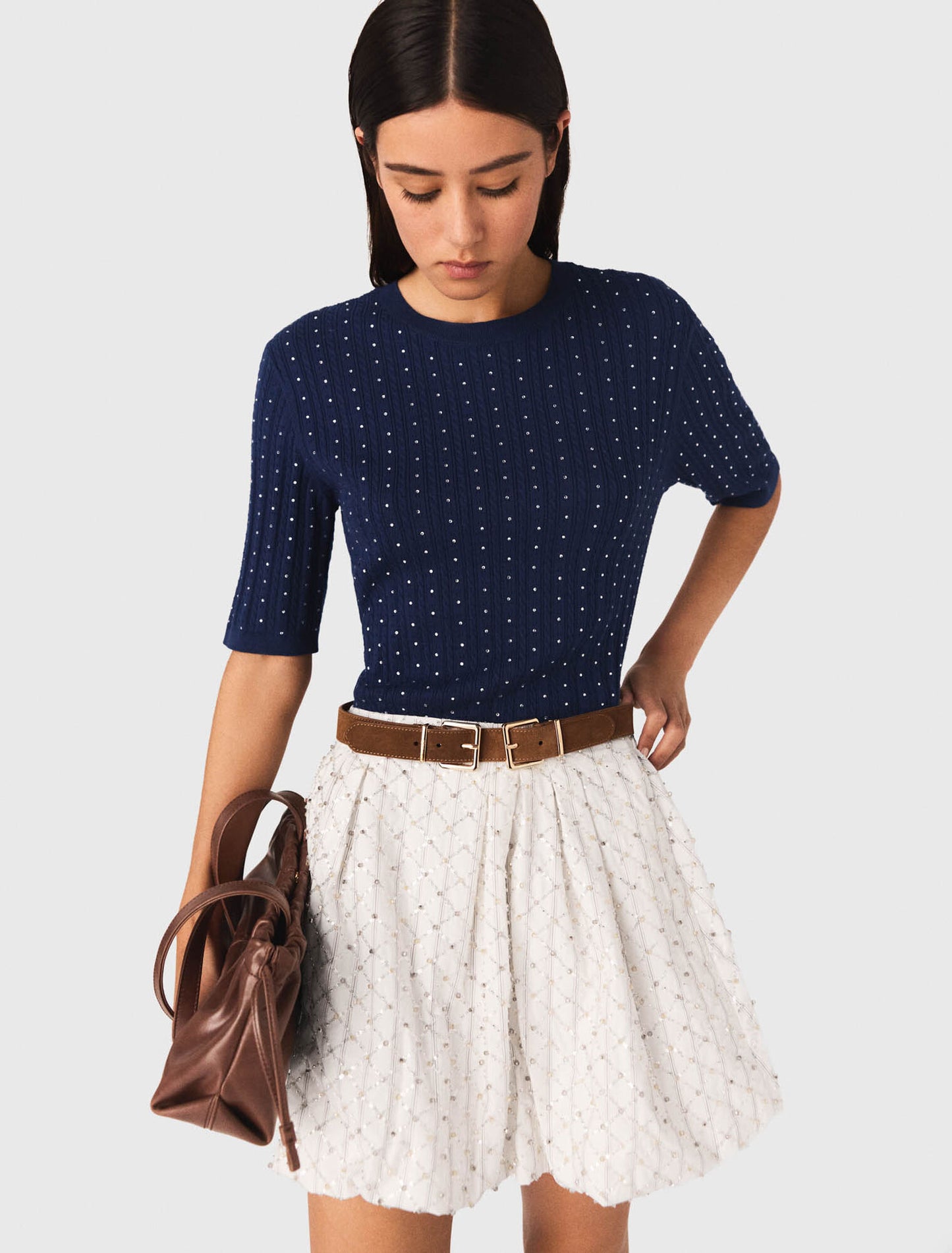 Round-Neck Rhinestone Jumper Navy