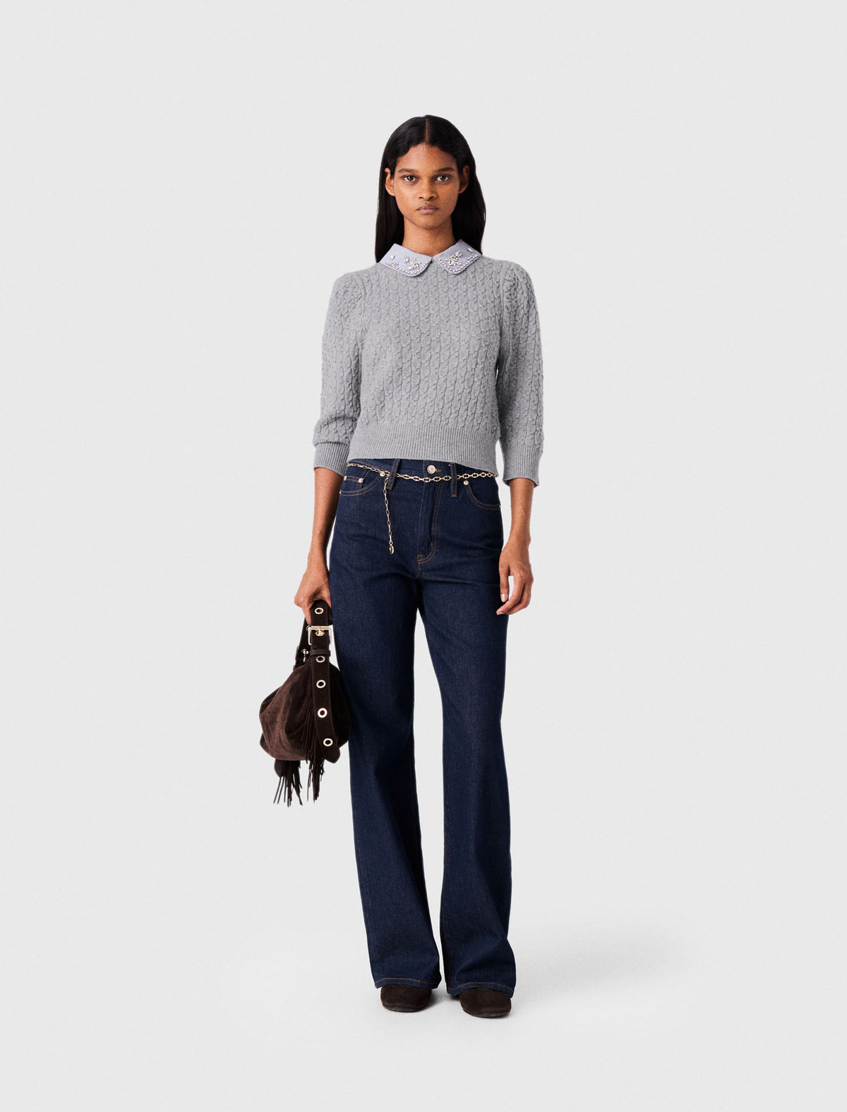 Removable poplin collar jumper Light Grey