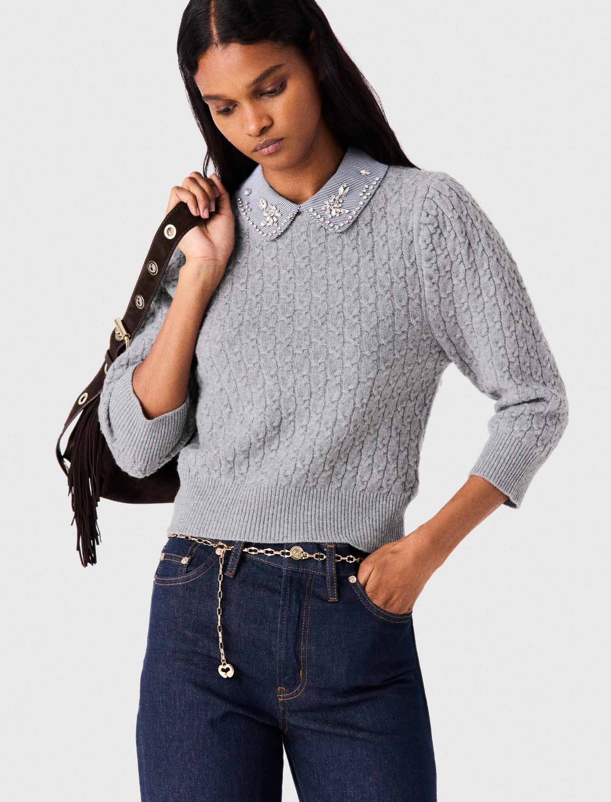 Removable poplin collar jumper Light Grey