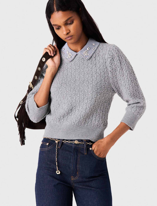 Removable poplin collar jumper Light Grey