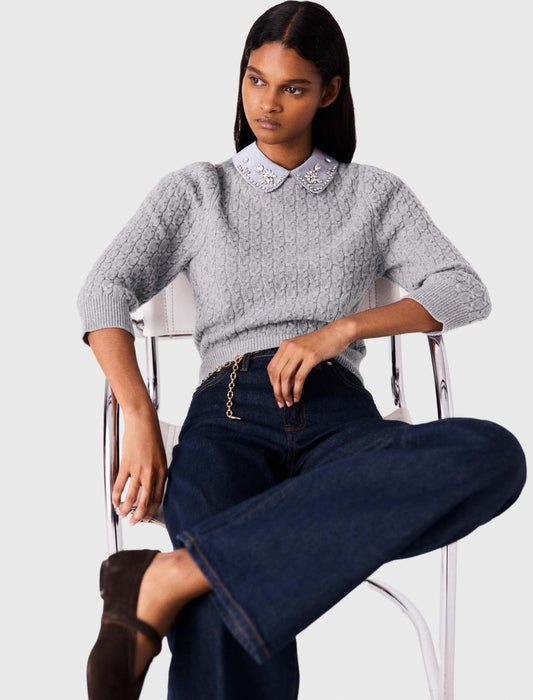 Removable poplin collar jumper Light Grey
