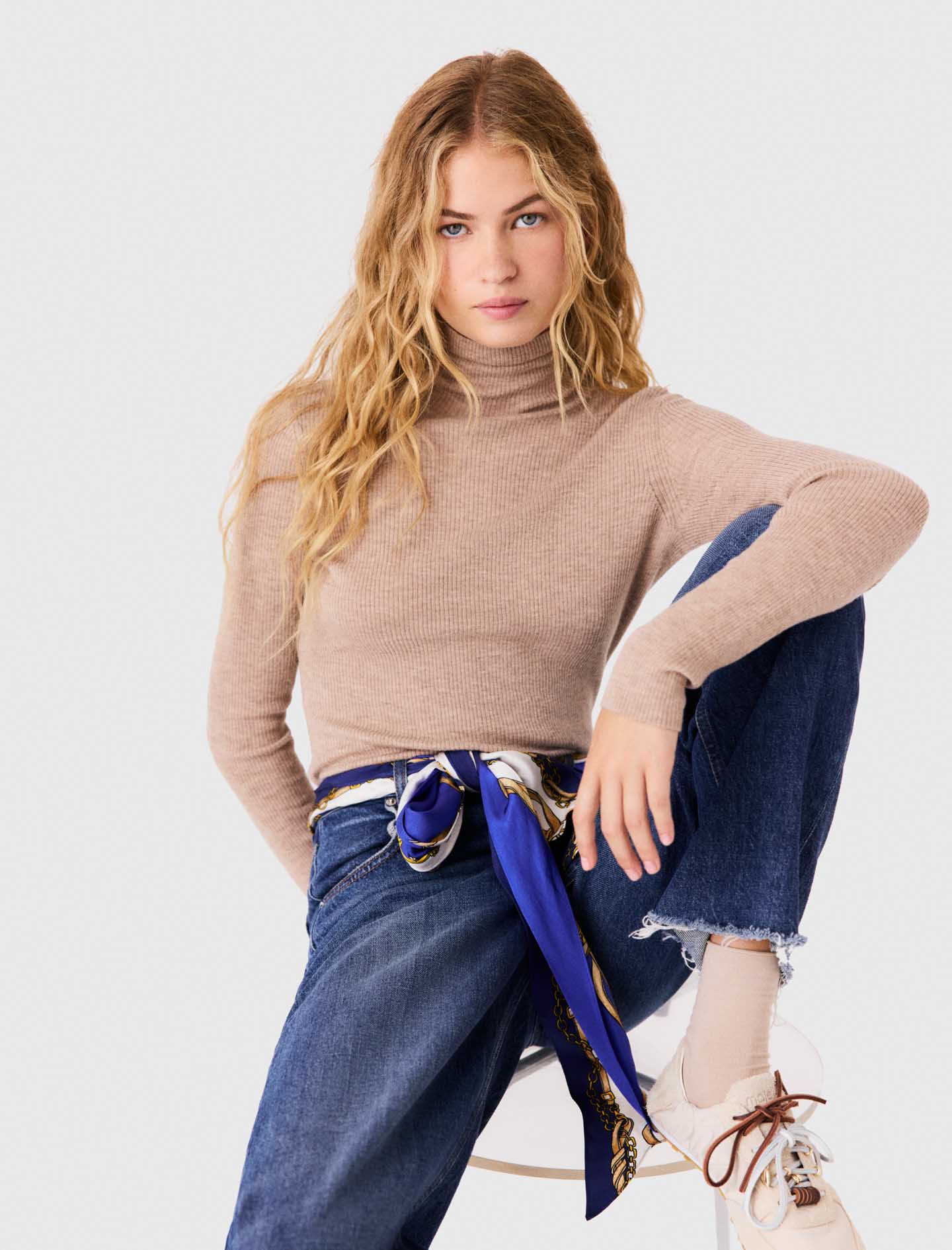 Second-skin jumper with high neck Beige