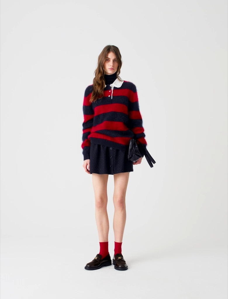 Fluffy jumper with poplin collar Navy/Red