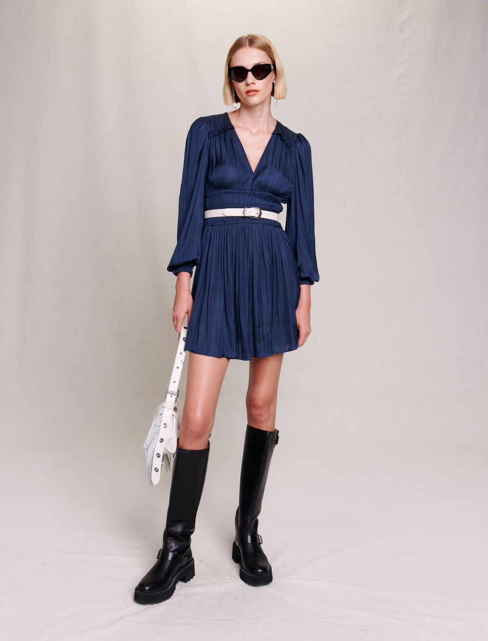 Navy featured SATIN DRESS WITH RUFFLES