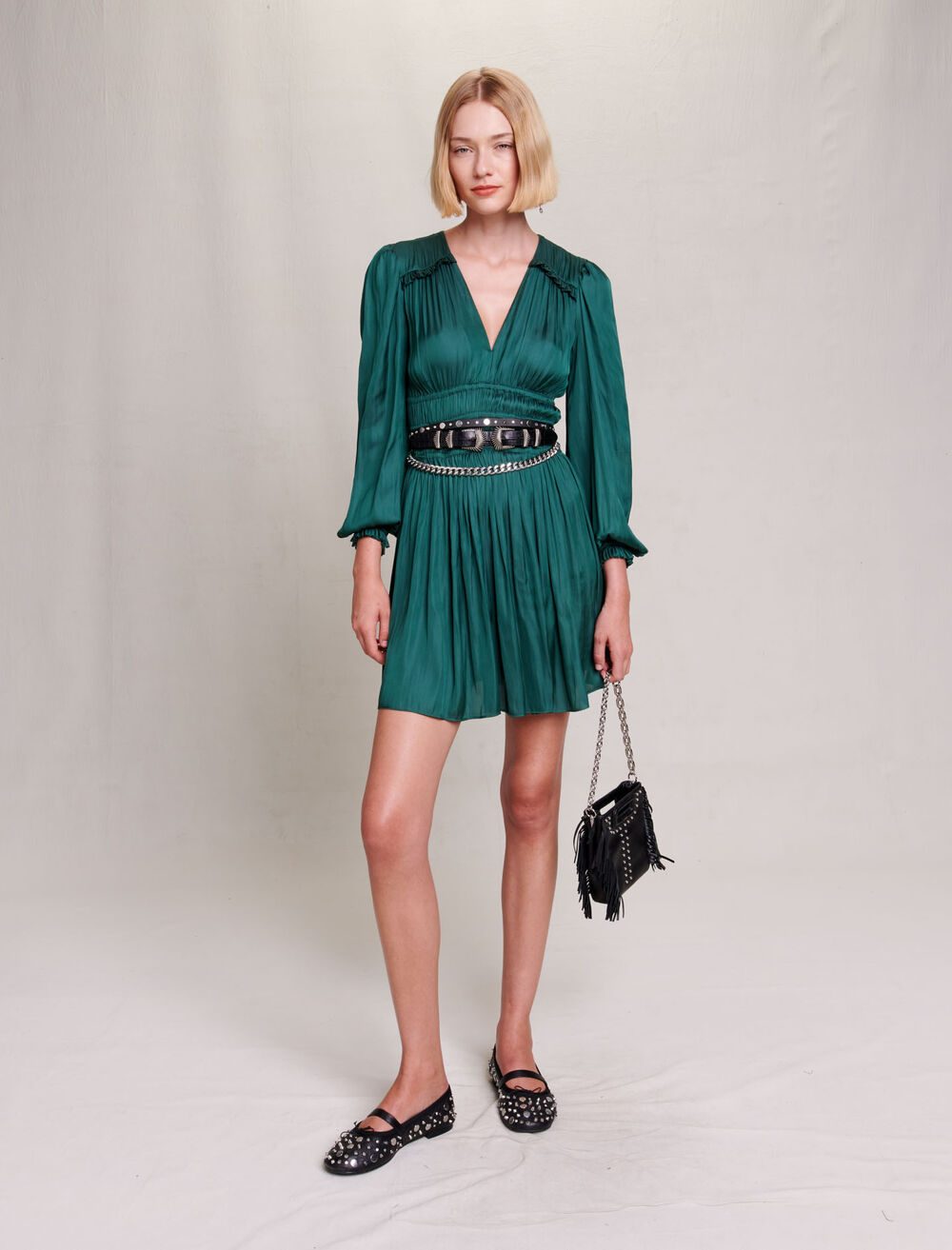 Green Featured SATIN DRESS WITH RUFFLES