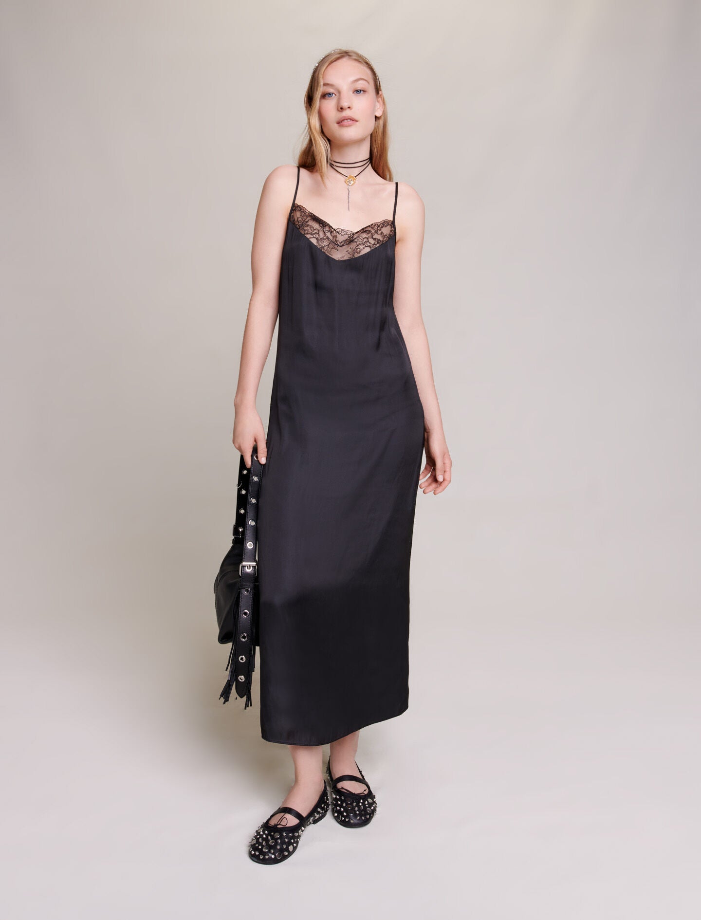 Black-featured-satin-look maxi dress