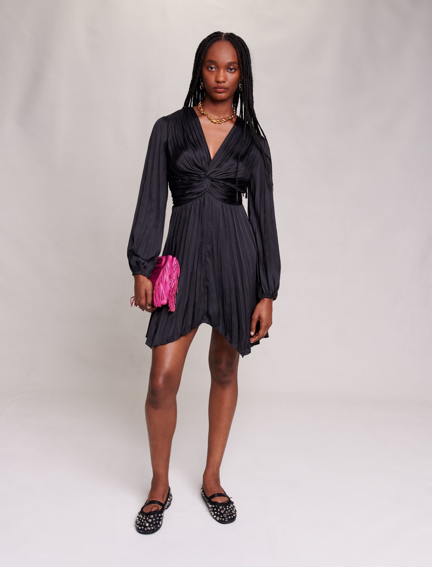 Black-featured-short satin draped dress