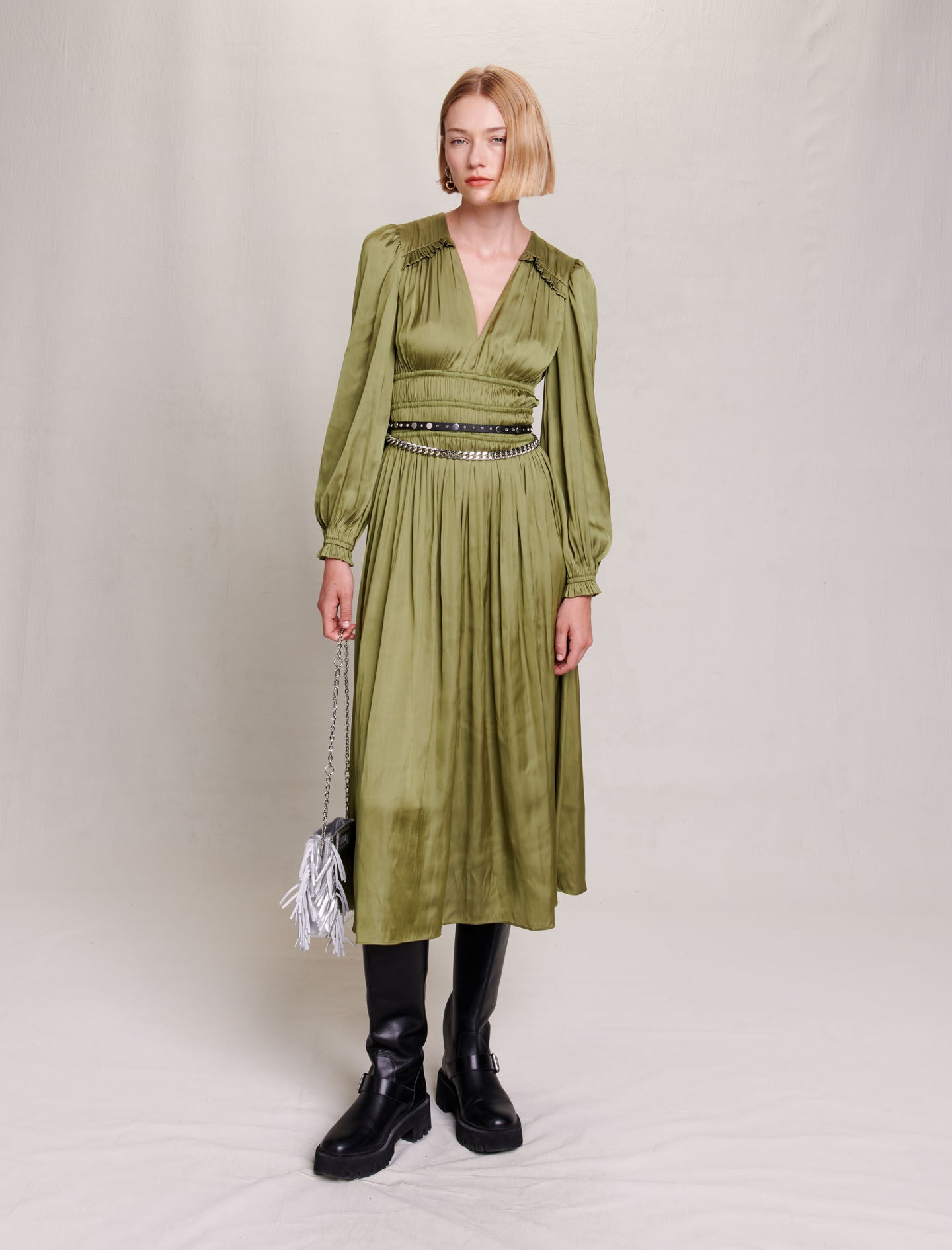 Khaki-featured-satin-effect ruffled midi dress