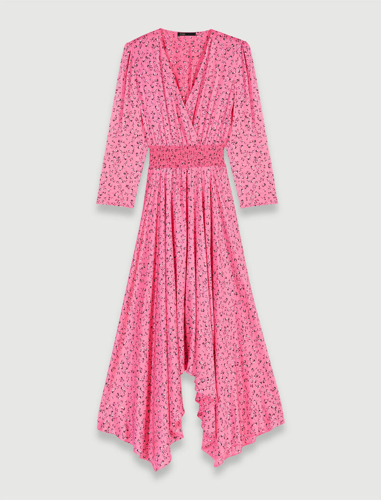 Pink small flowers print-Floral print midi-length dress