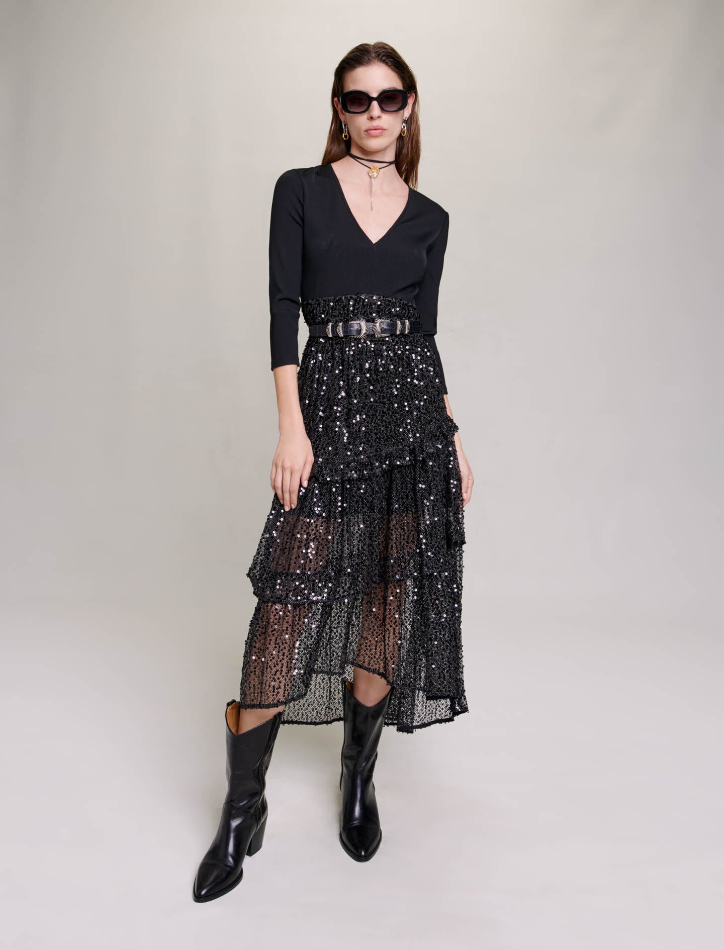 Black featured sequin and mesh maxi dress