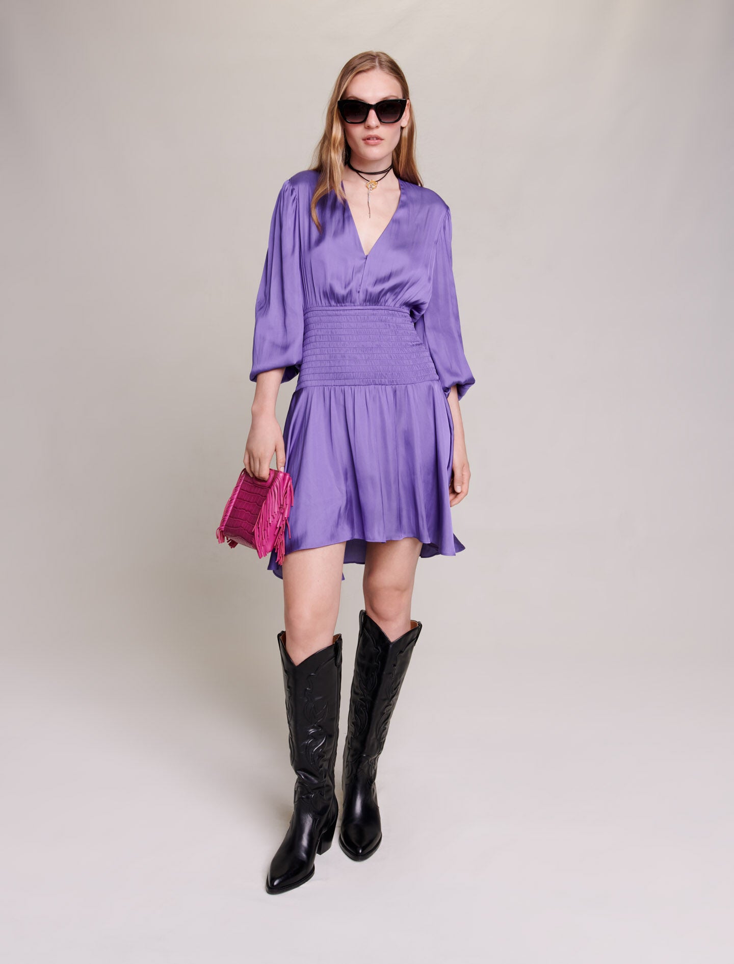 Purple-short satin dress
