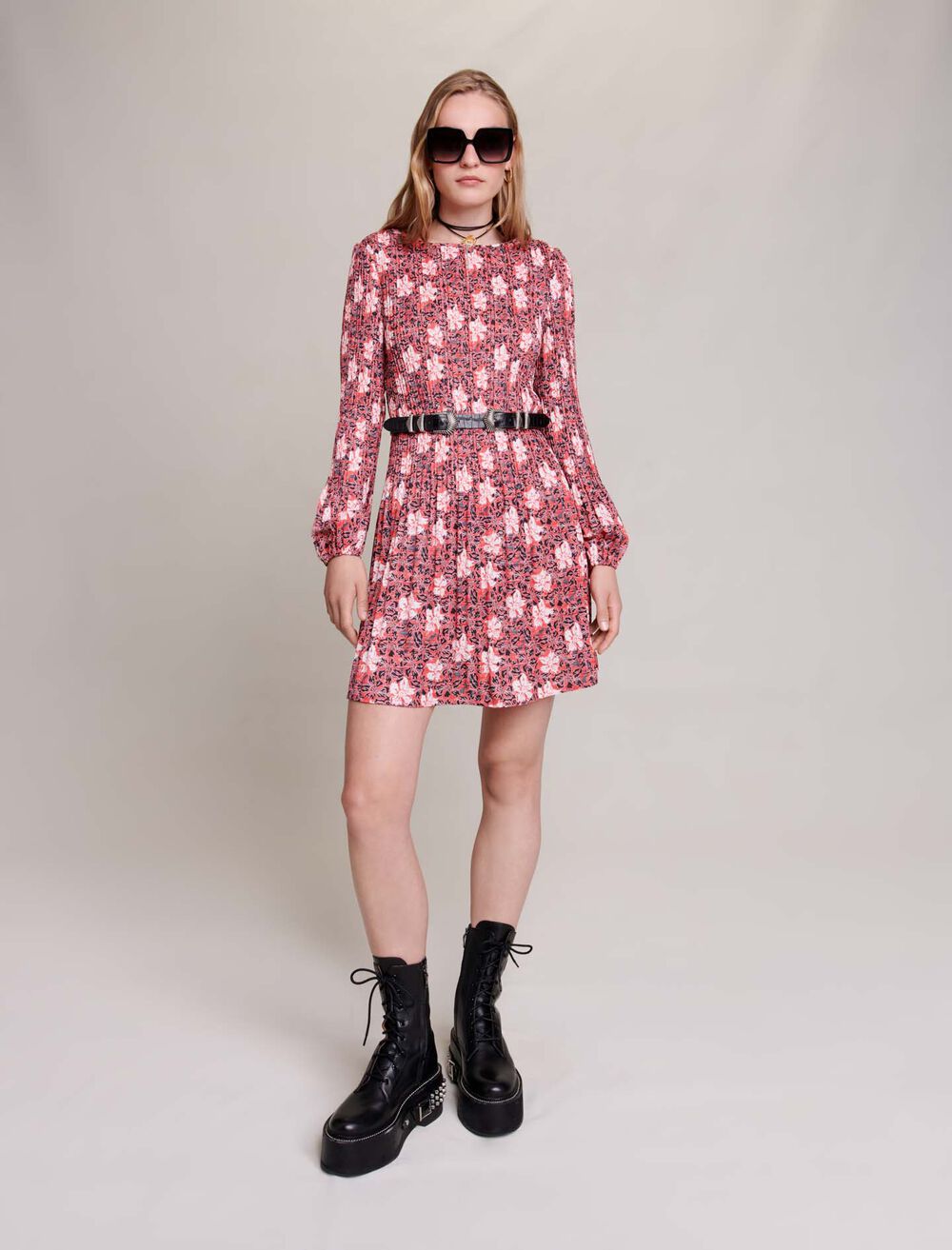 Red flowers print featured Short floral dress