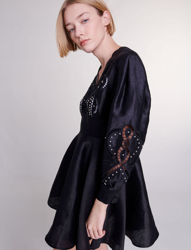 Black-Short embroidered linen dress