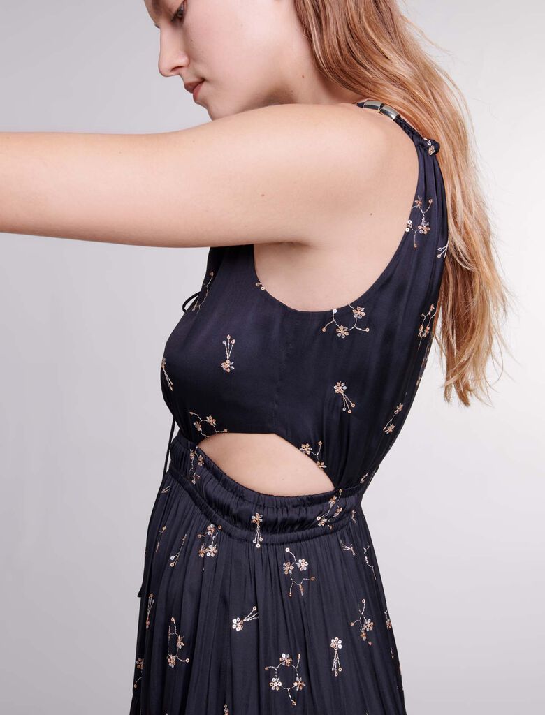 Black-Sequin-embroidered maxi dress