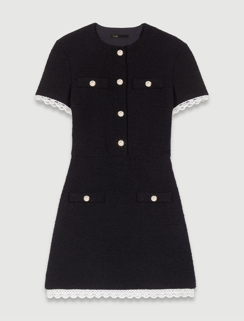 Black-Short tweed dress with trim