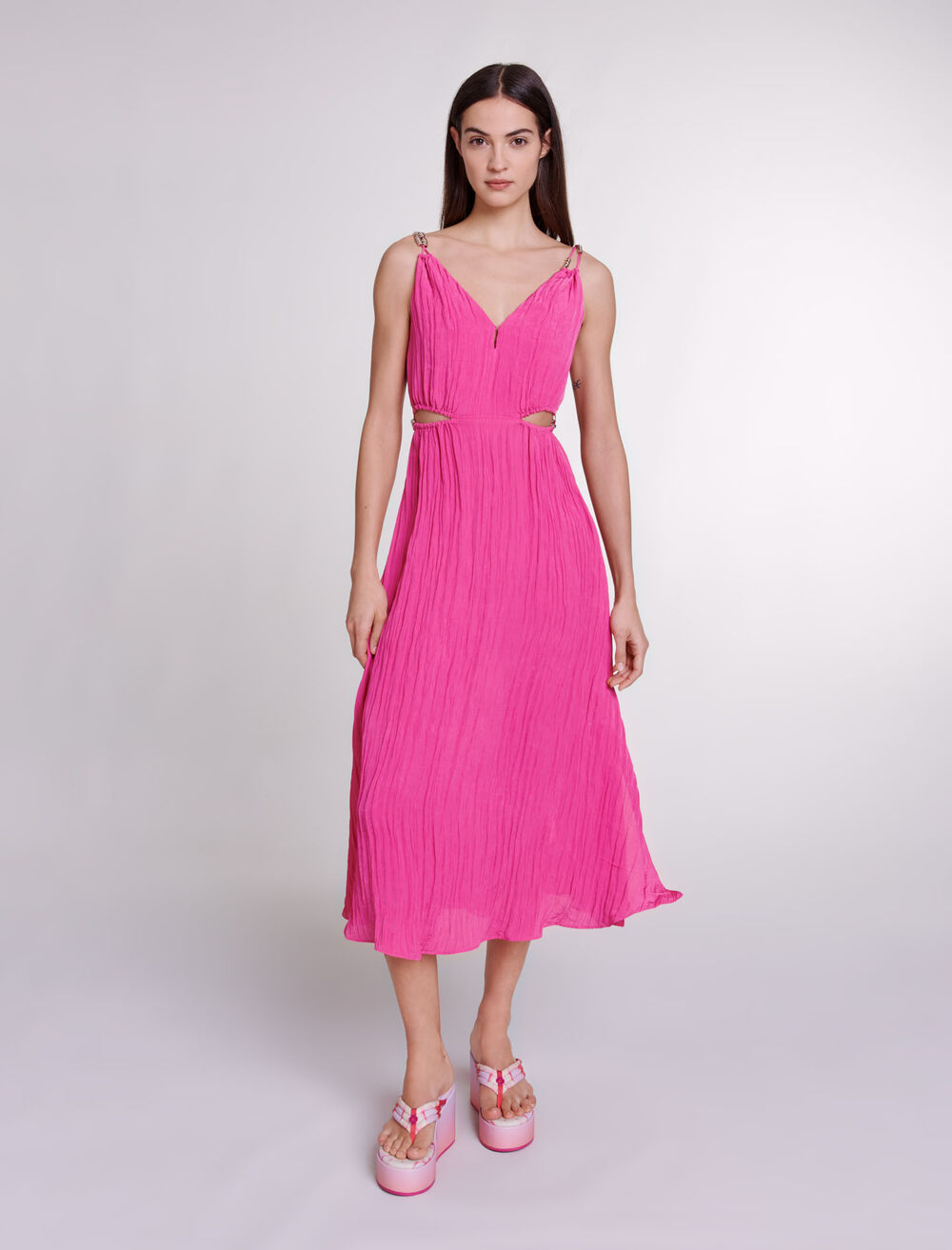 Pink-featured-Openwork midi dress
