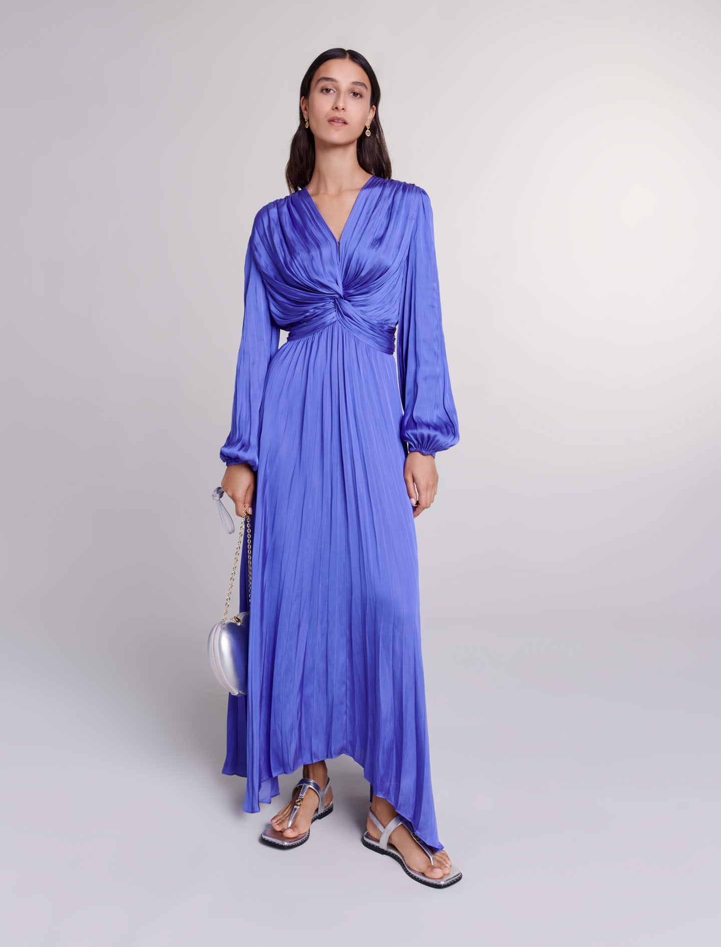 Blue-featured-Satin-effect draped maxi dress