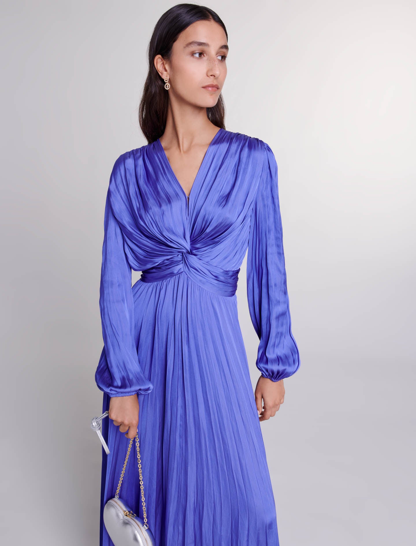 Blue-Satin-effect draped maxi dress