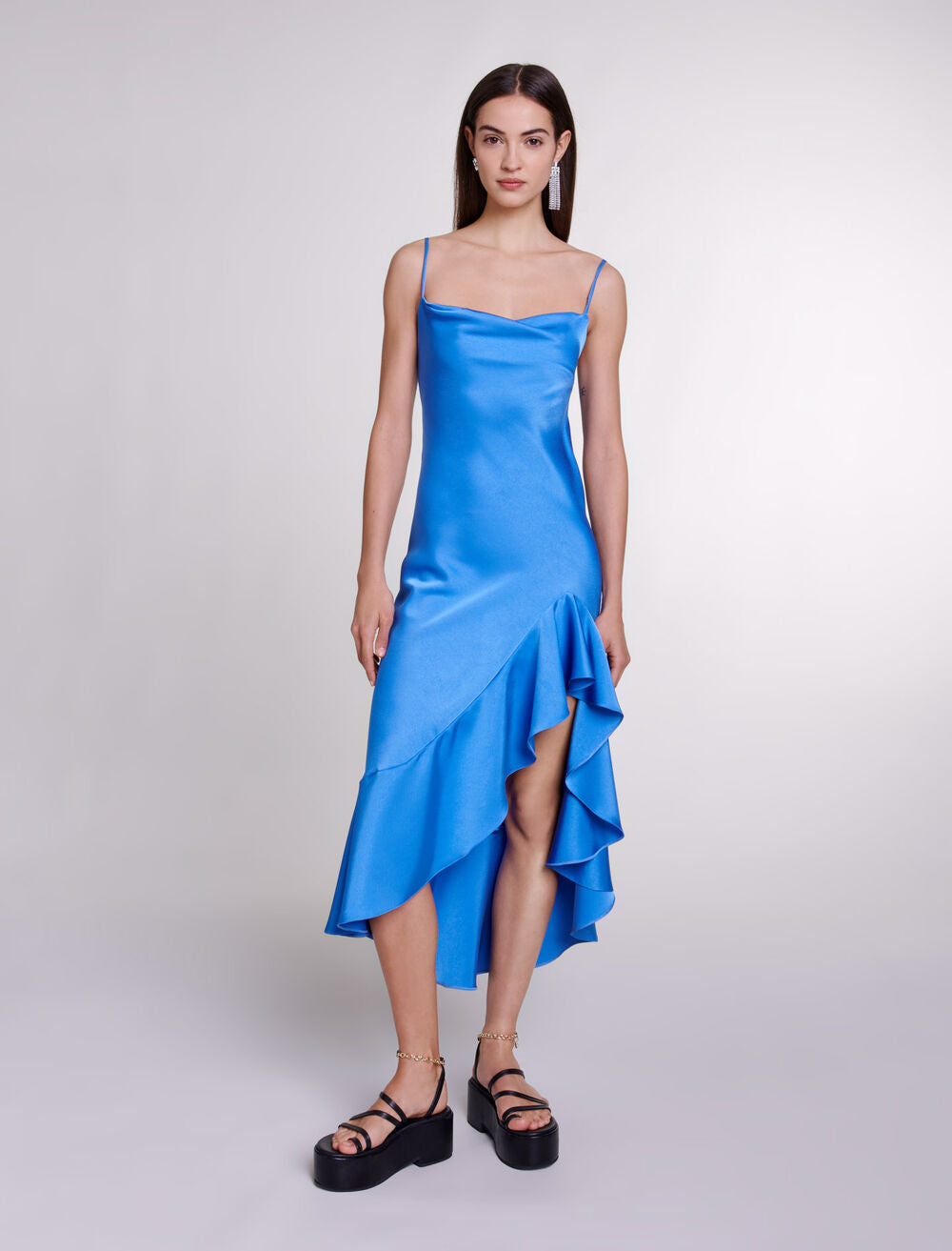 Blue-featured-Asymmetric satin-effect maxi dress