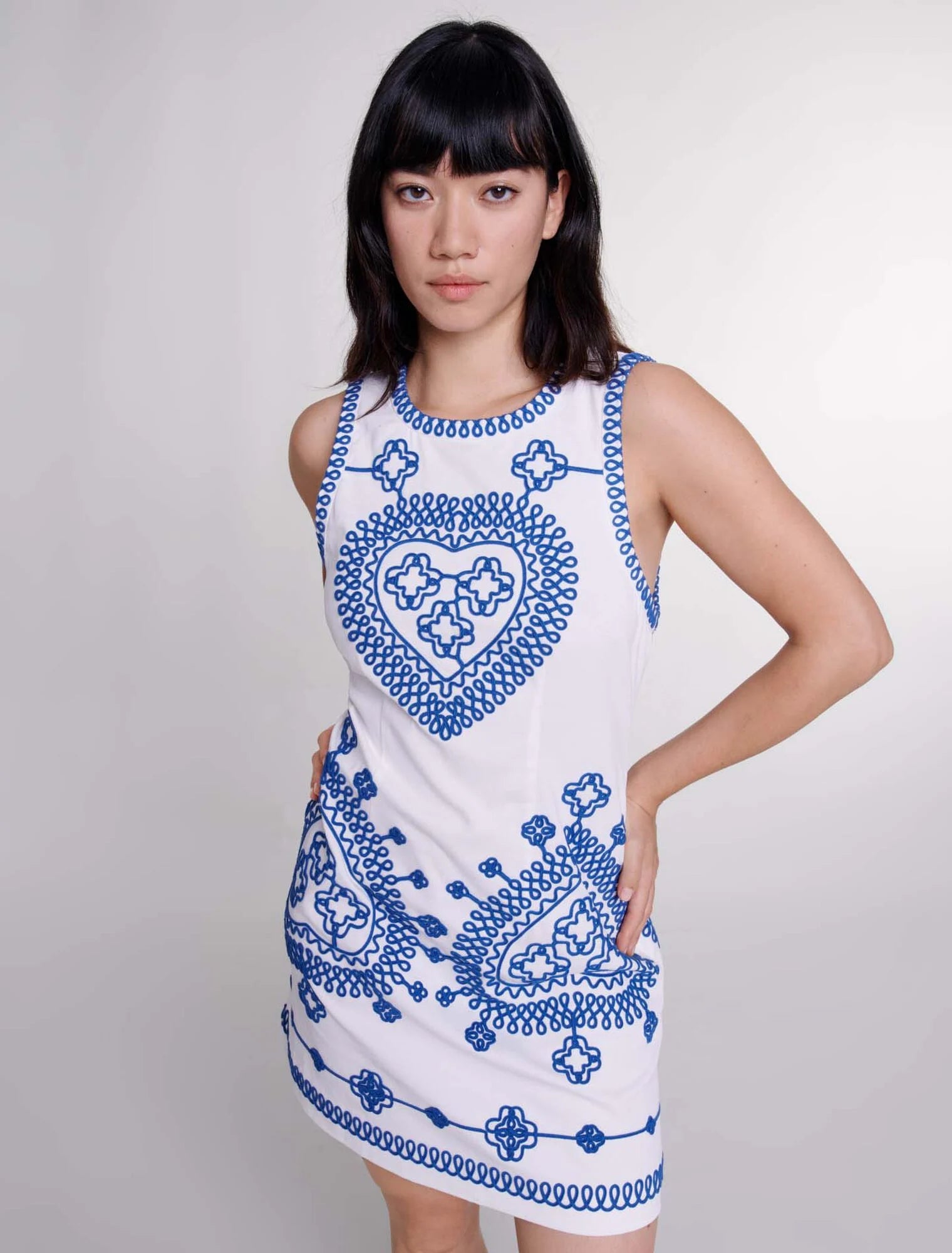 White/Blue Fitted embroidered dress