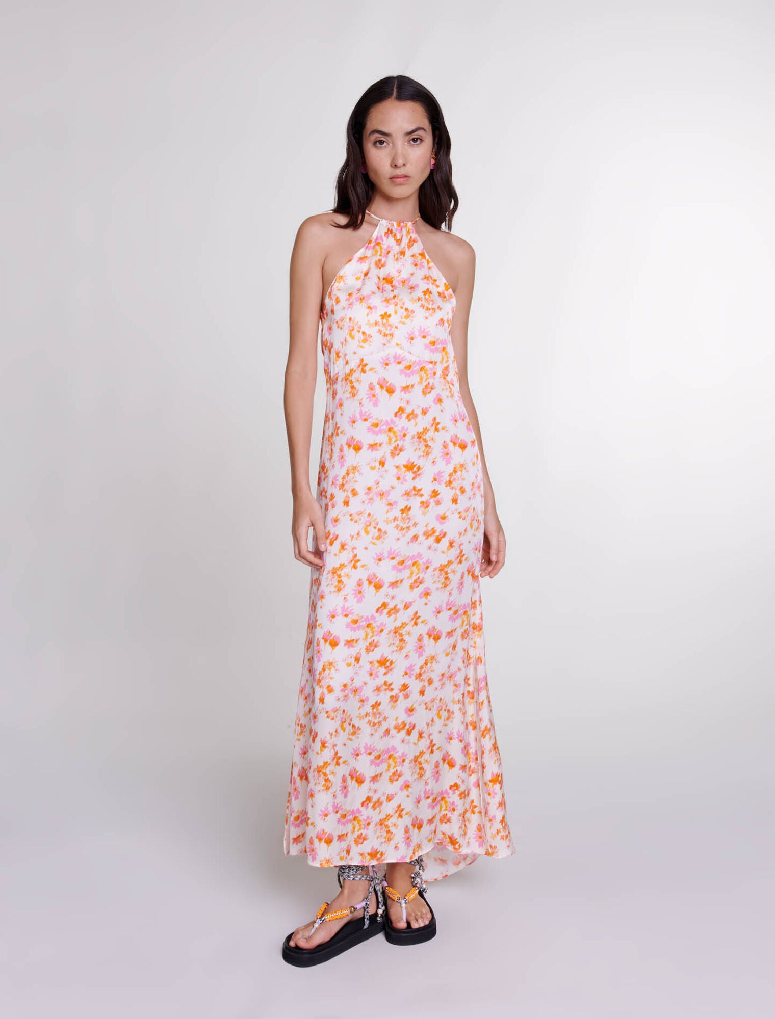 Sping Orange Flower Print-featured-Floral satin-effect maxi dress