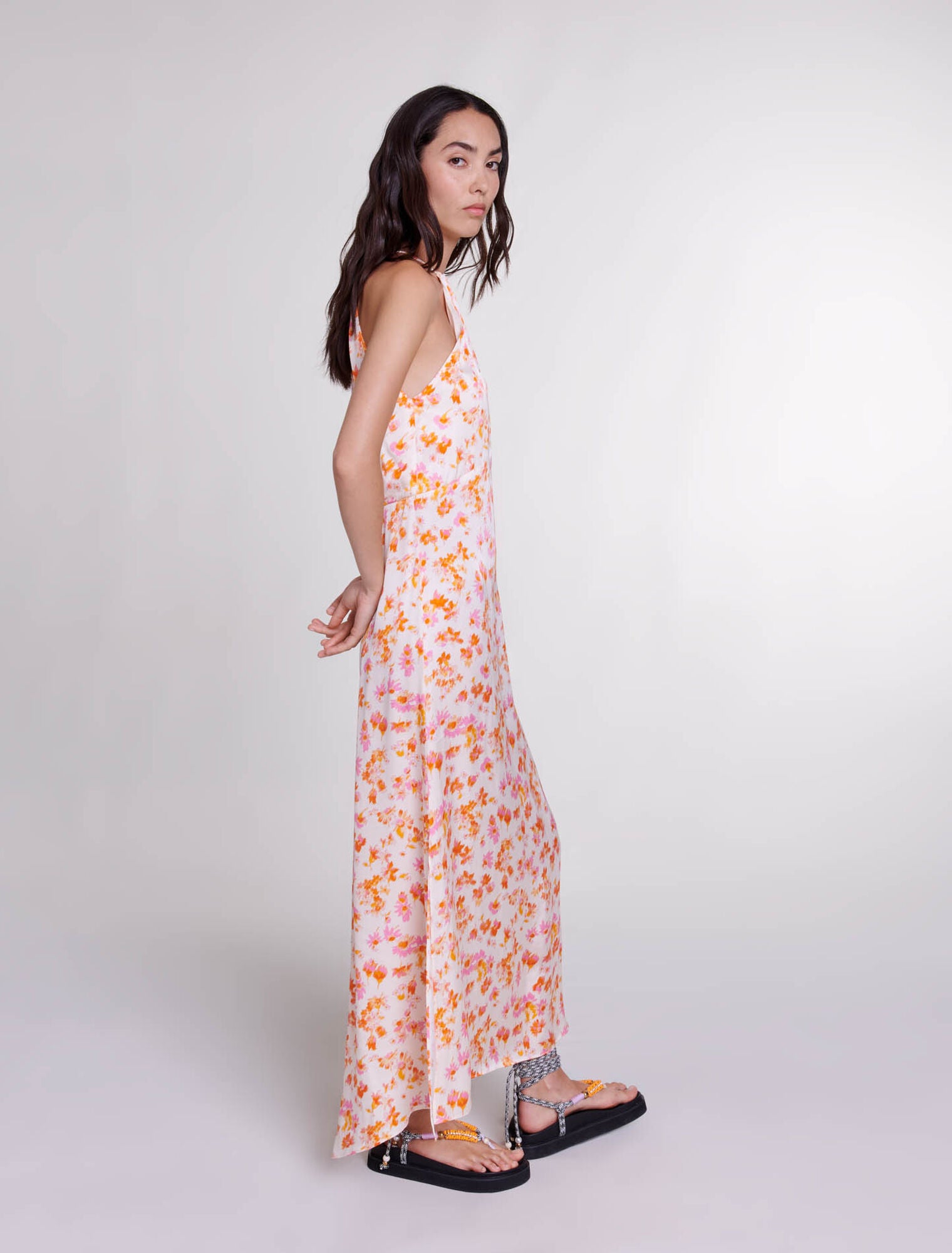 Sping Orange Flower Print-Floral satin-effect maxi dress