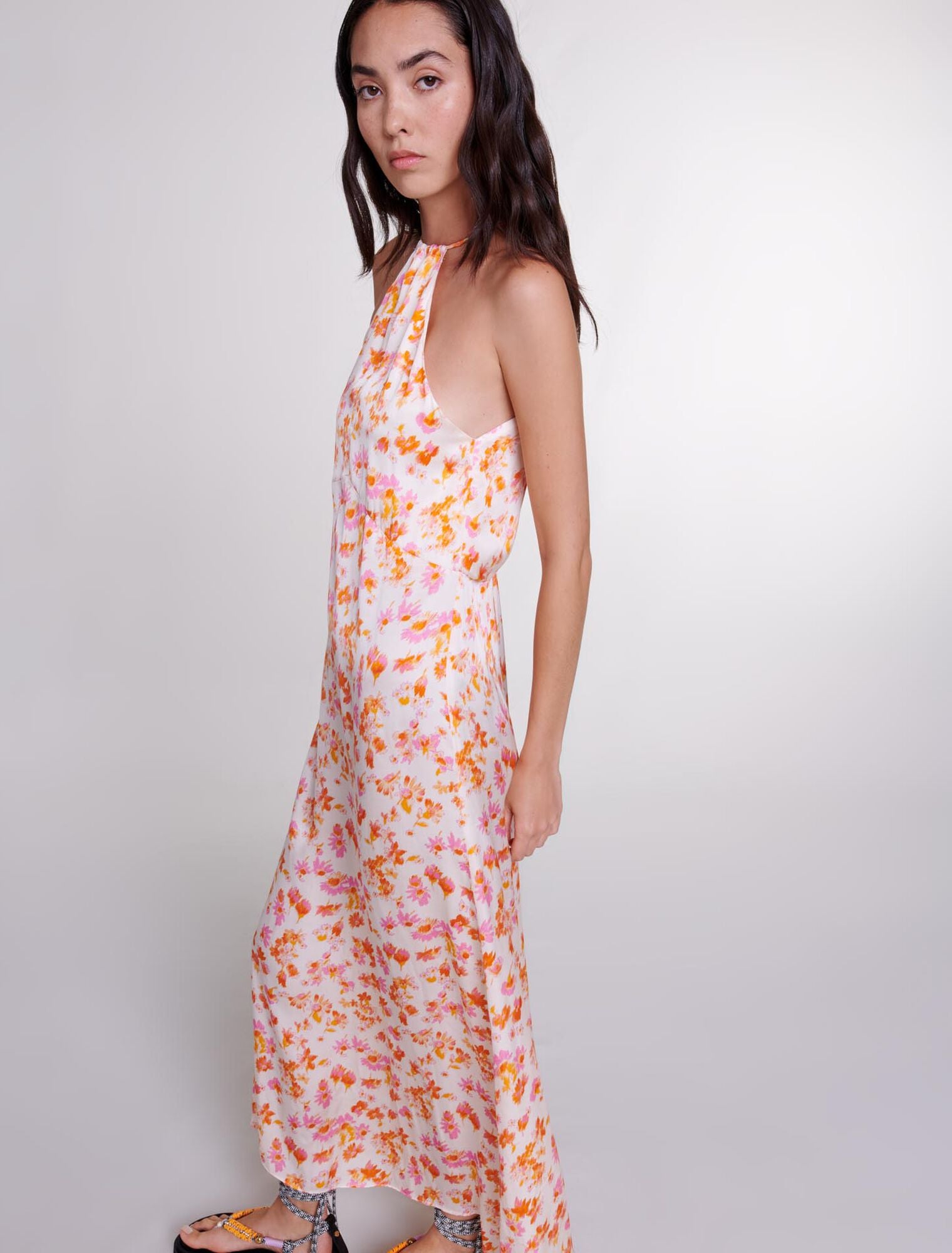 Sping Orange Flower Print-Floral satin-effect maxi dress