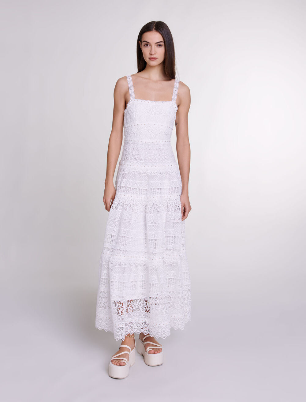 White-featured-Crochet-knit maxi dress