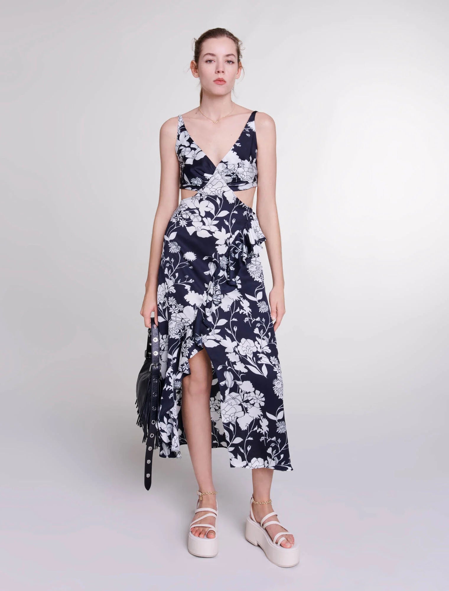 Print Ecru Black Floral-featured-Cutaway maxi dress