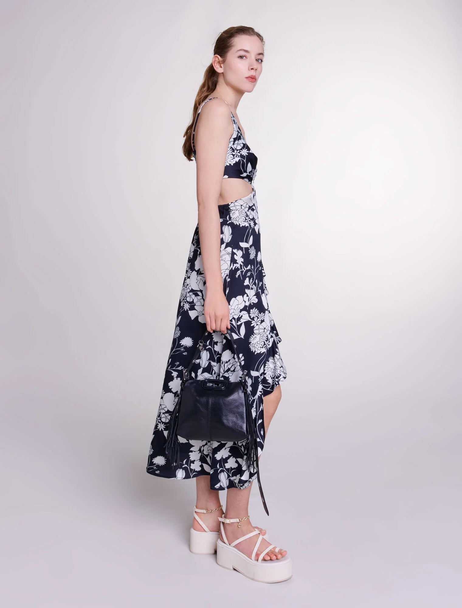 Print Ecru Black Floral-Cutaway maxi dress