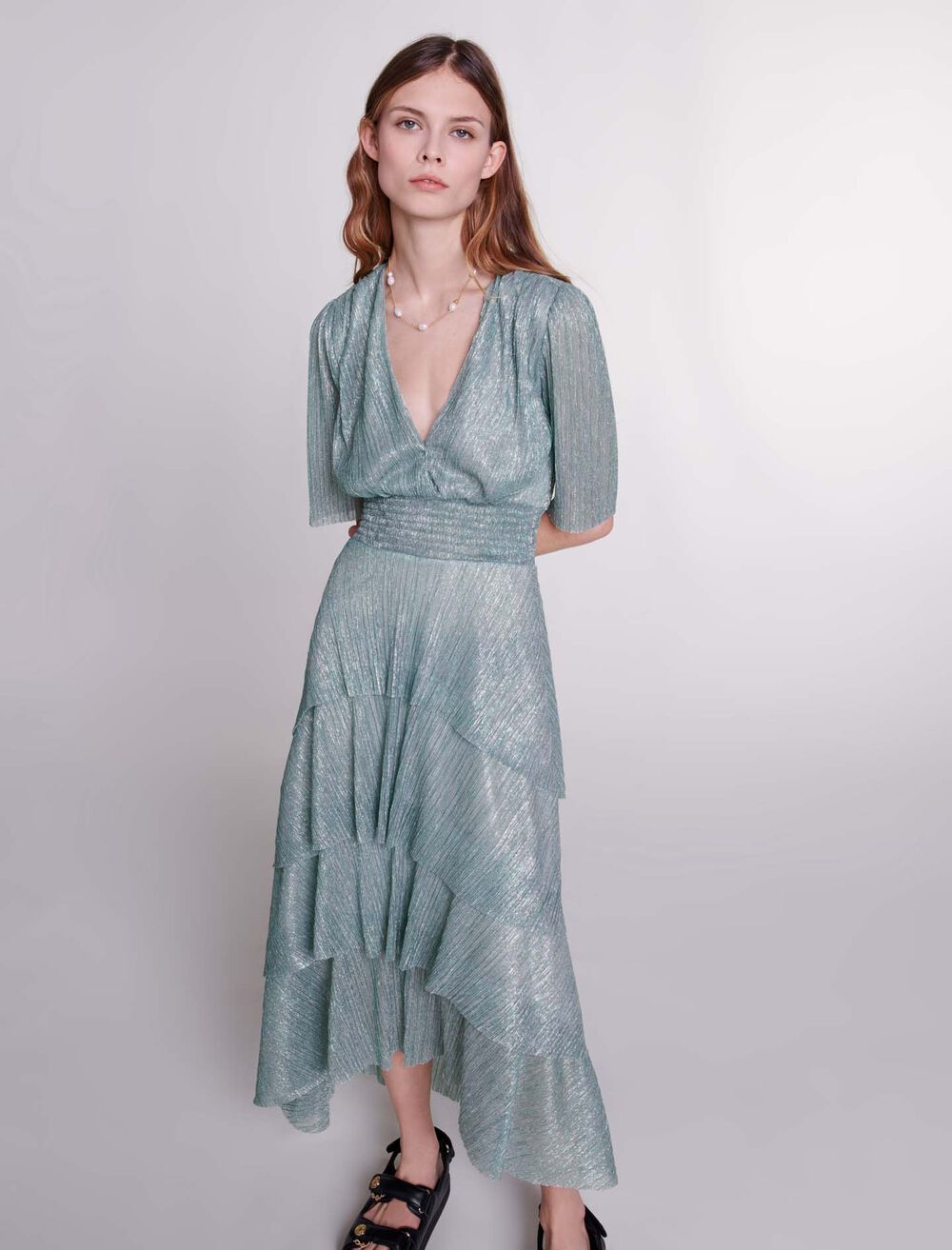 Silver Green-featured-Stretch lurex ruffled dress