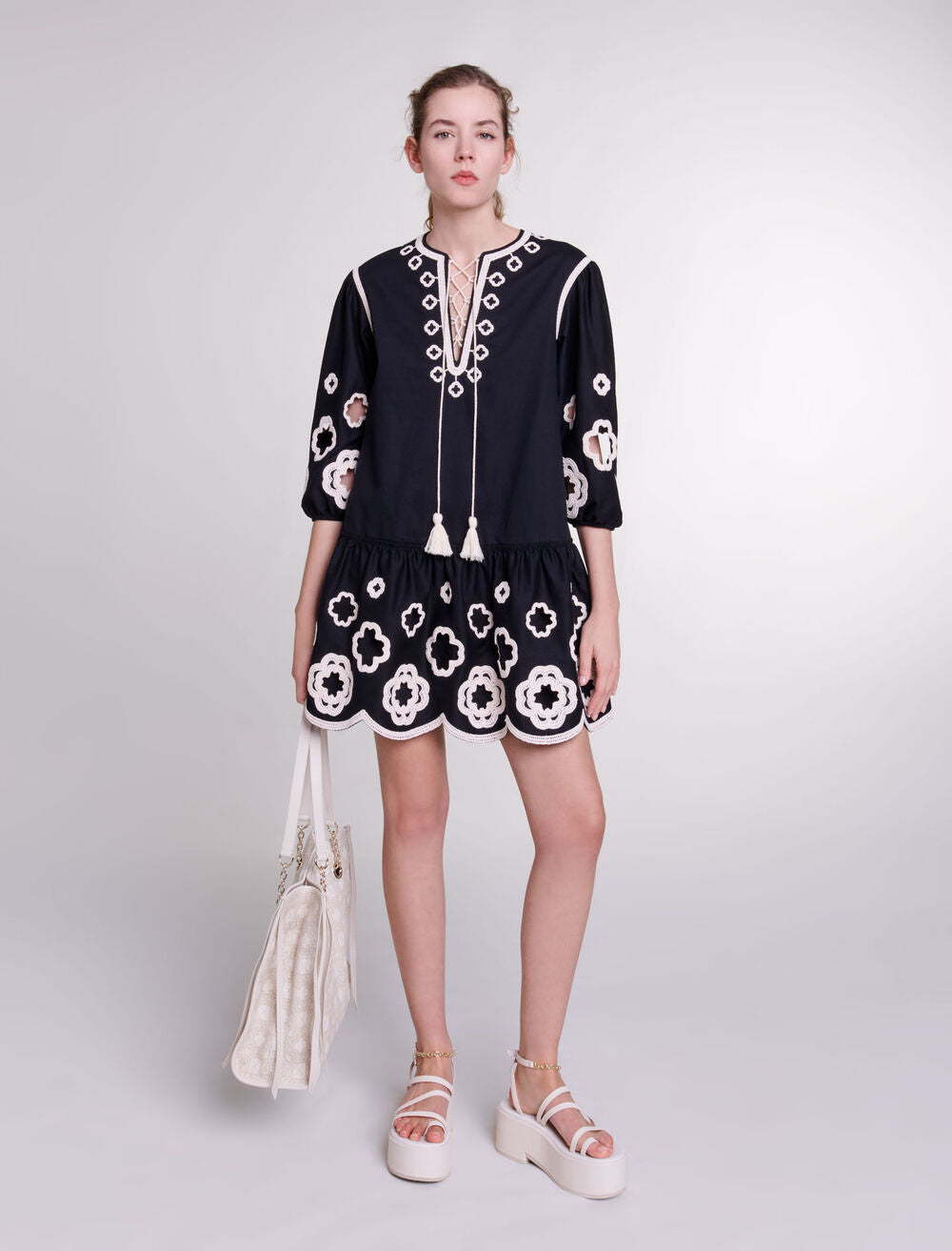 Black-featured-Short embroidered tunic dress