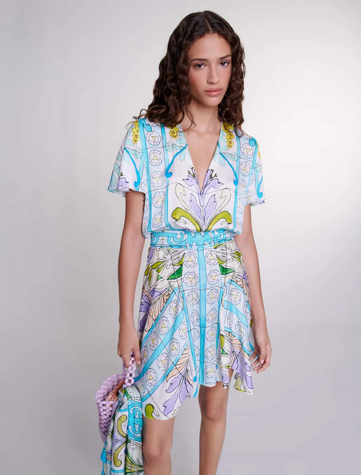 Print Mozaic-Short satin-effect print dress