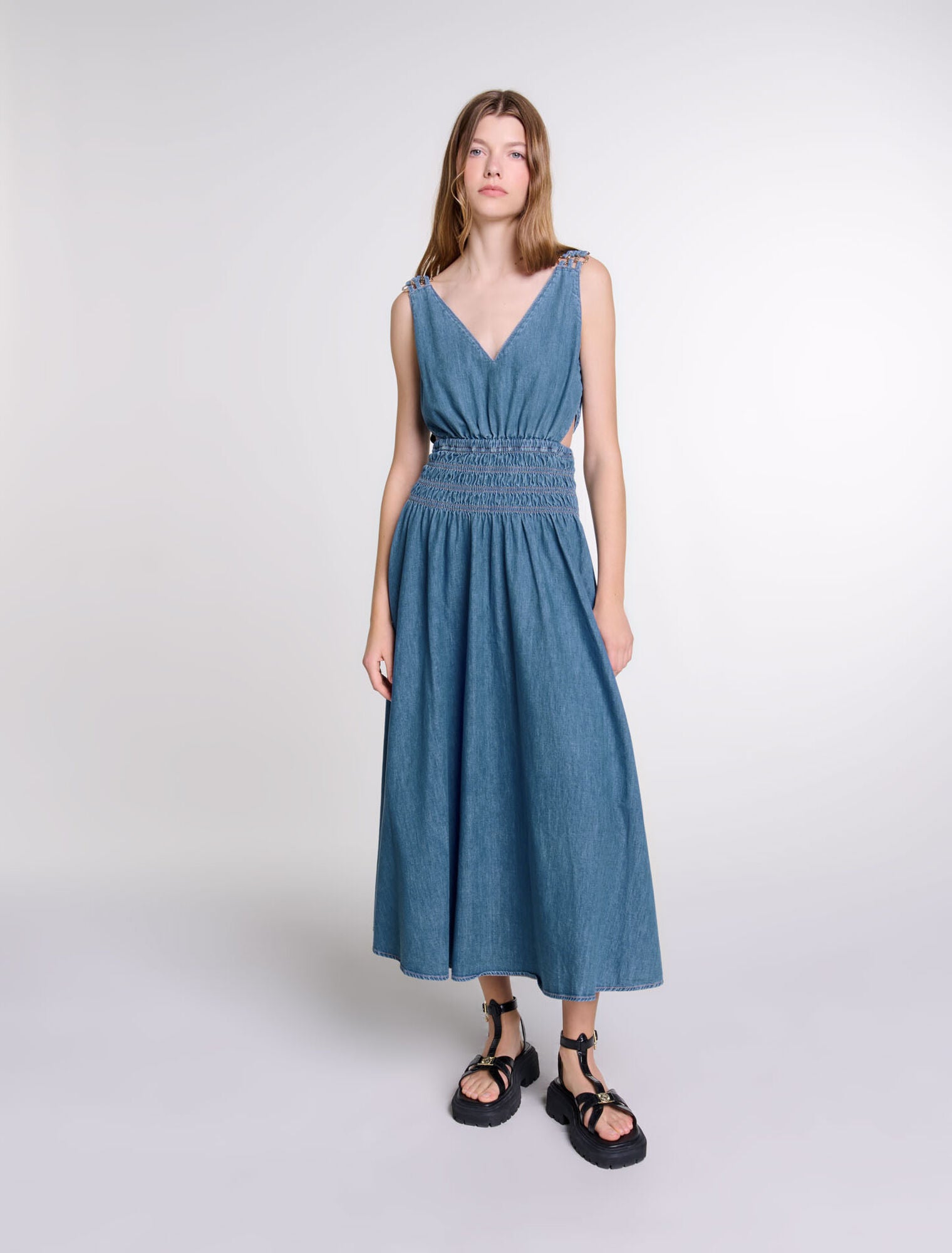 Blue Jean-featured-Cutaway denim maxi dress