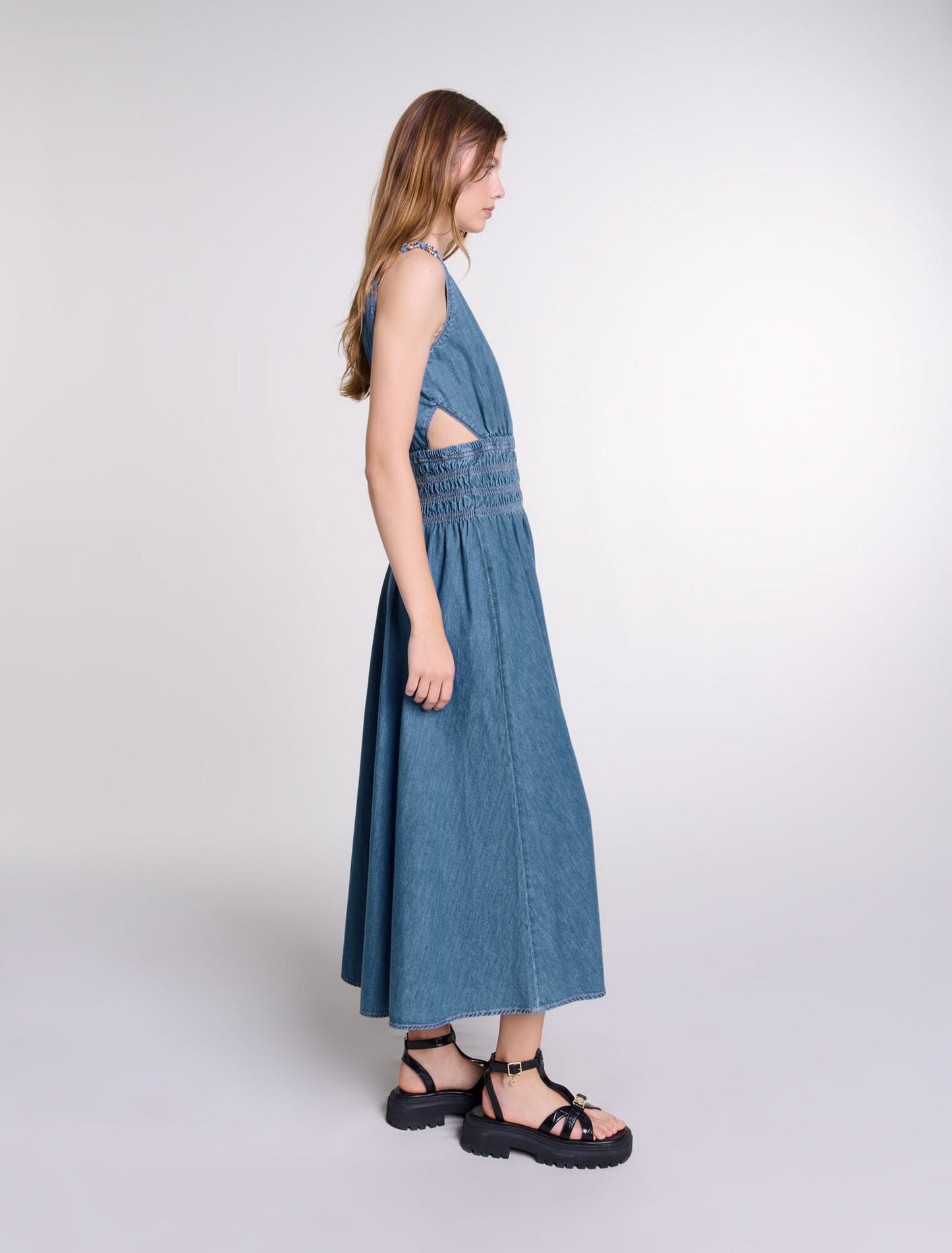 Blue Jean-Cutaway denim maxi dress