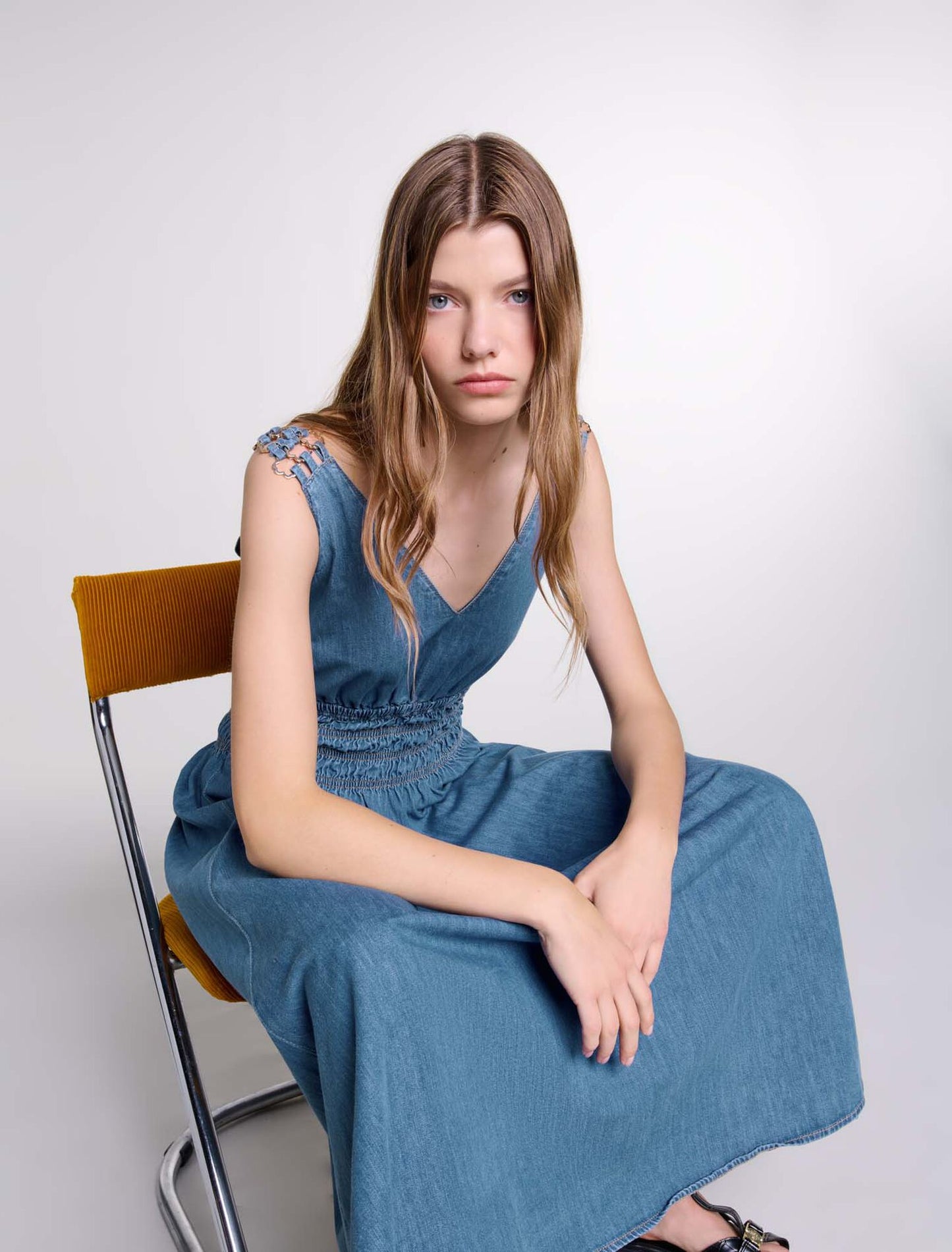 Blue Jean-Cutaway denim maxi dress