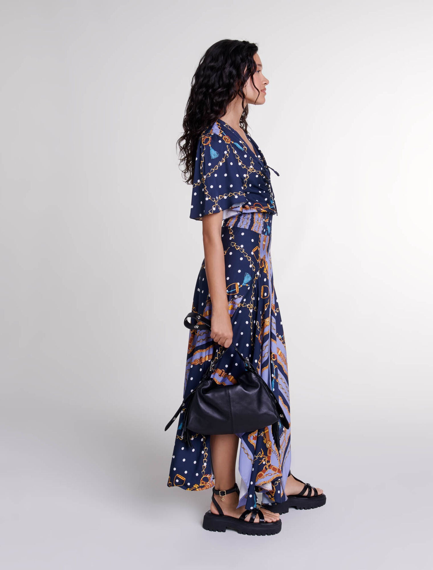 Chain Scarf Print Blue  -Satin-look patterned maxi dress