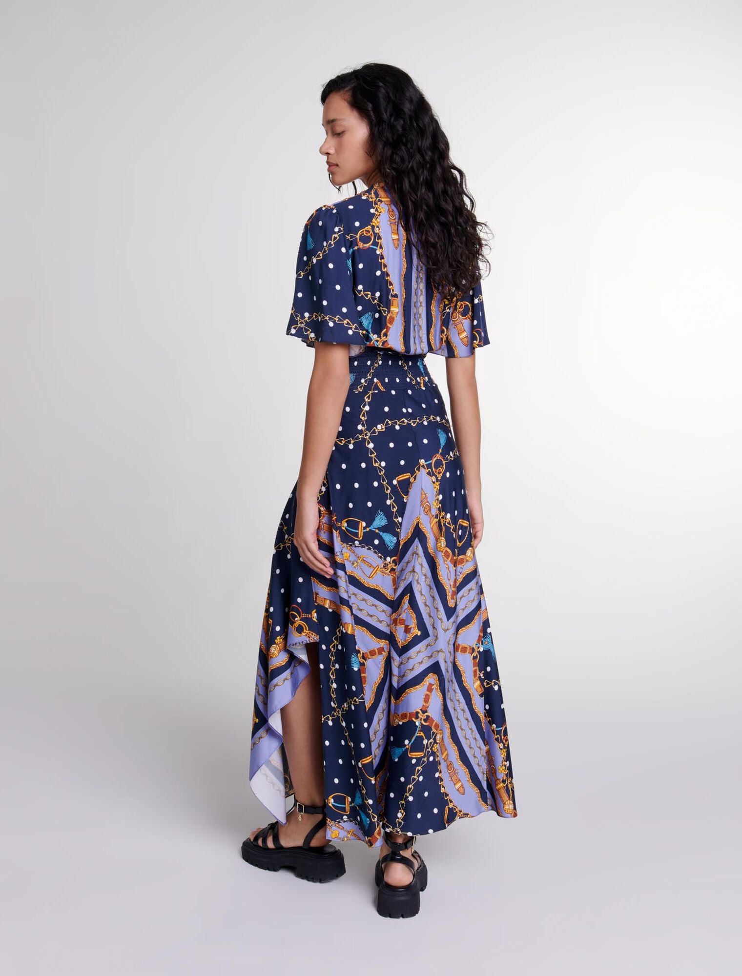 Chain Scarf Print Blue  -Satin-look patterned maxi dress