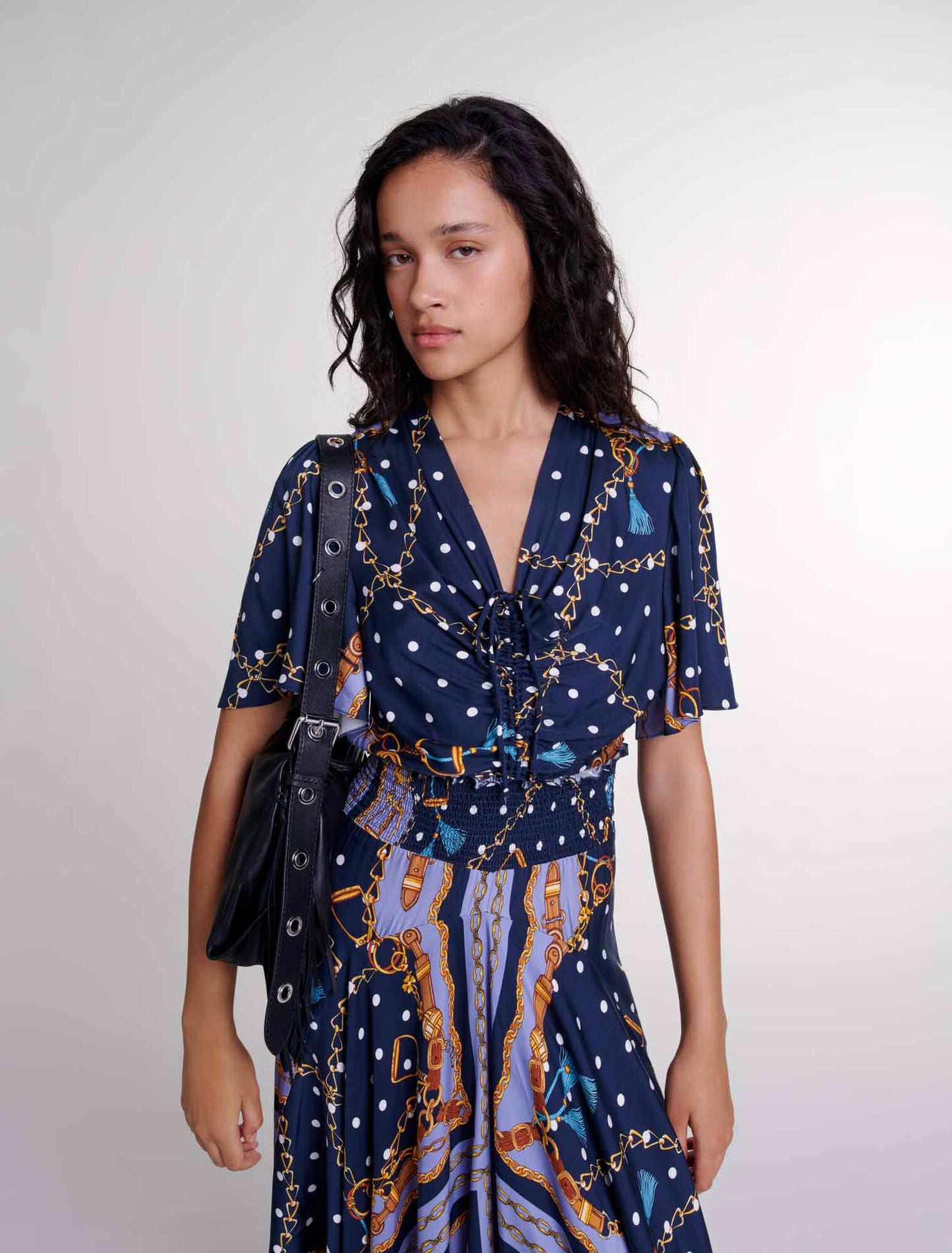 Chain Scarf Print Blue  -Satin-look patterned maxi dress