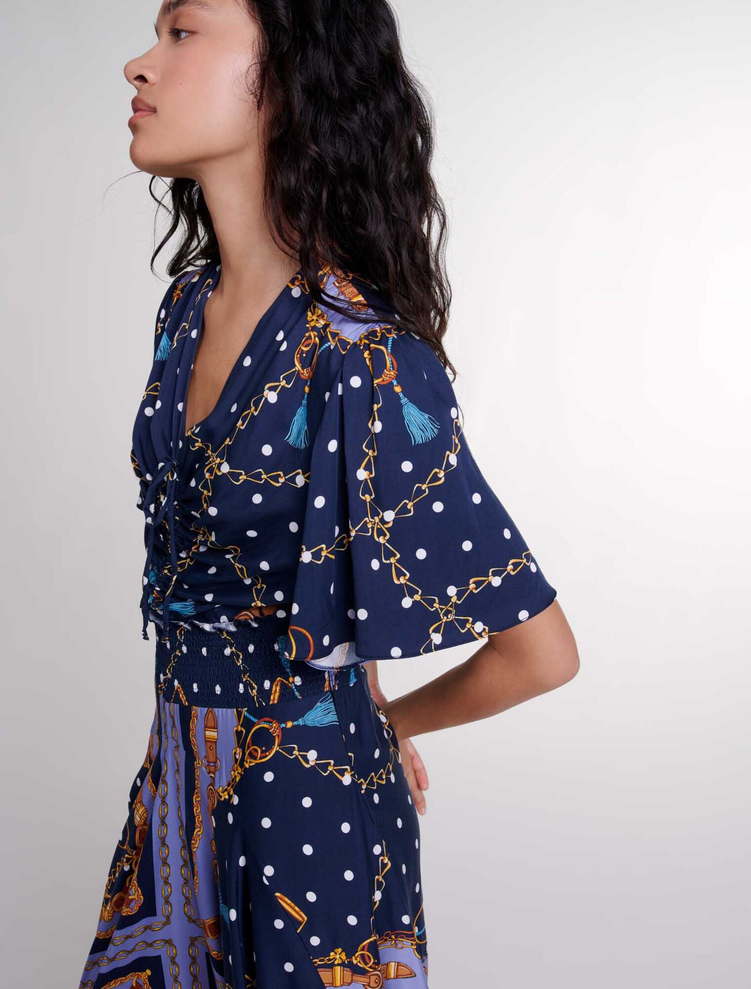 Chain Scarf Print Blue  -Satin-look patterned maxi dress