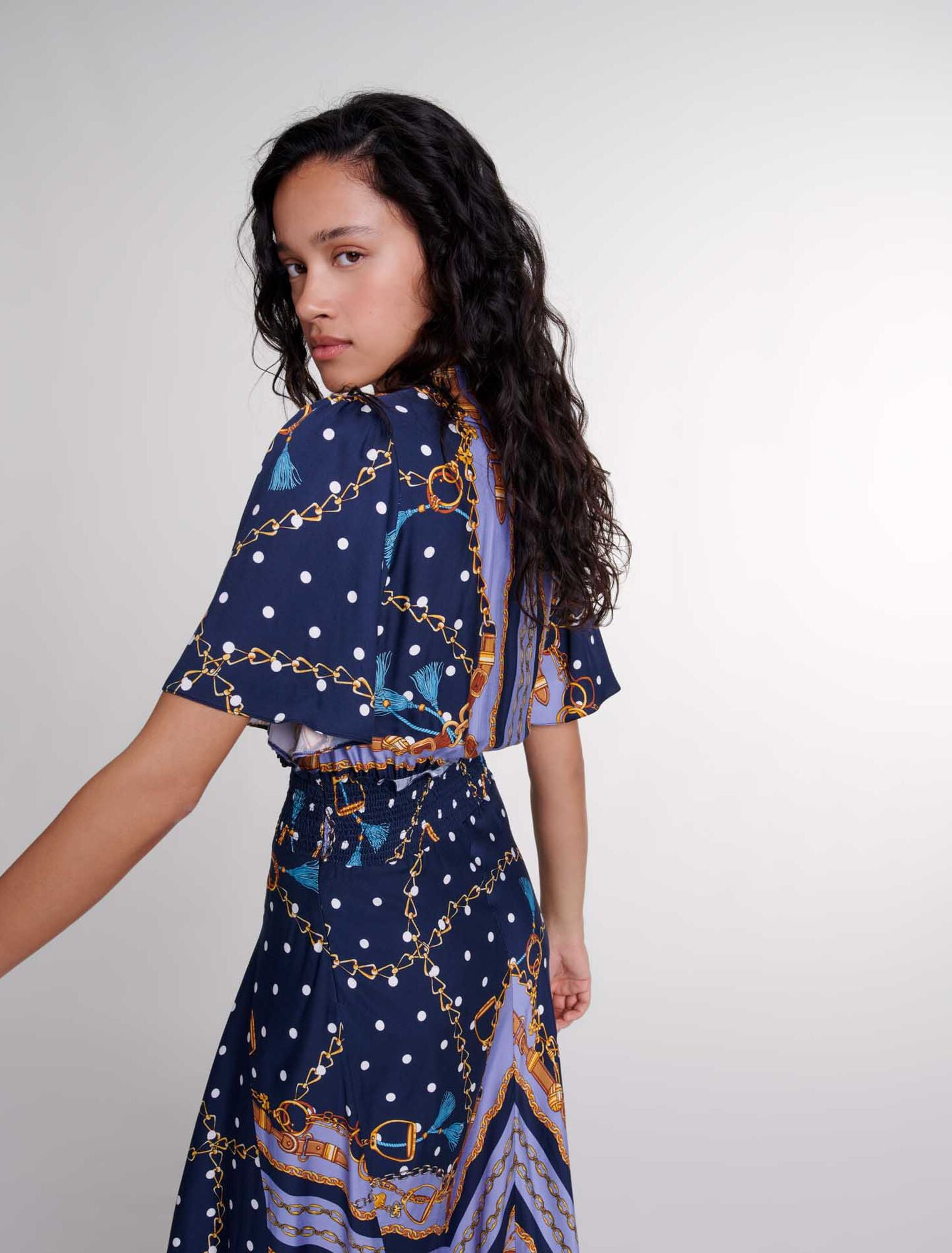 Chain Scarf Print Blue  -Satin-look patterned maxi dress