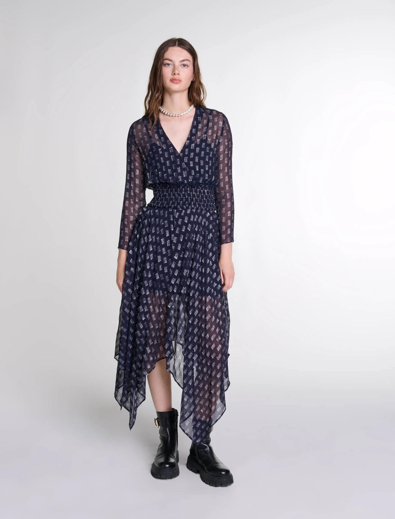 Navy featured-Asymmetrical floral maxi dress